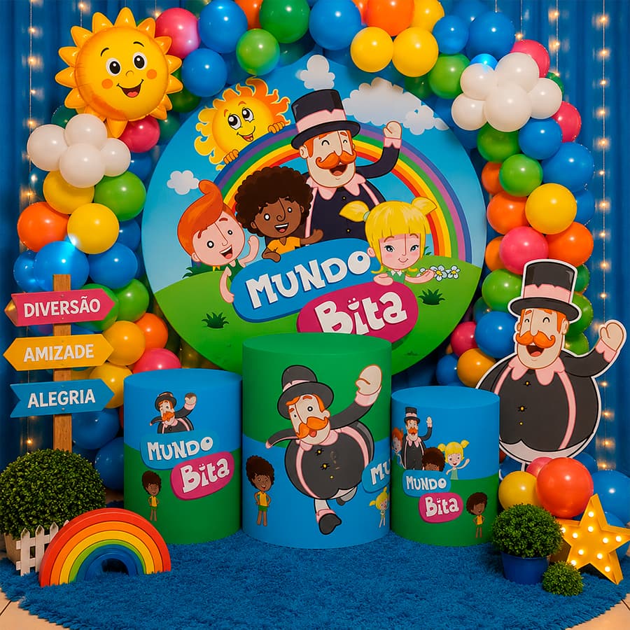 Kit Capa De Painel Redondo + Capas De Cilindro Para Festas Tema Infantil Mundo Bita Desenho