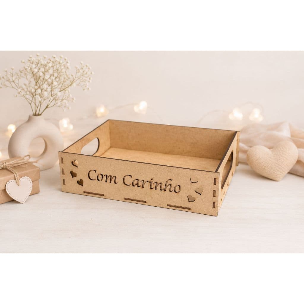 Kit Bandejas Escrita Com Carinho e Corações 25x20x5 MDF Cru Organizador Presente Cesta Doces Perfume