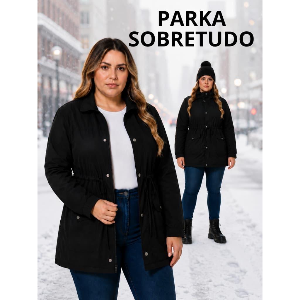 Jaqueta Parka Sobretudo Plus Size Feminina Com Cordão Inverno Zíper Confortável Bolsos Bengaline