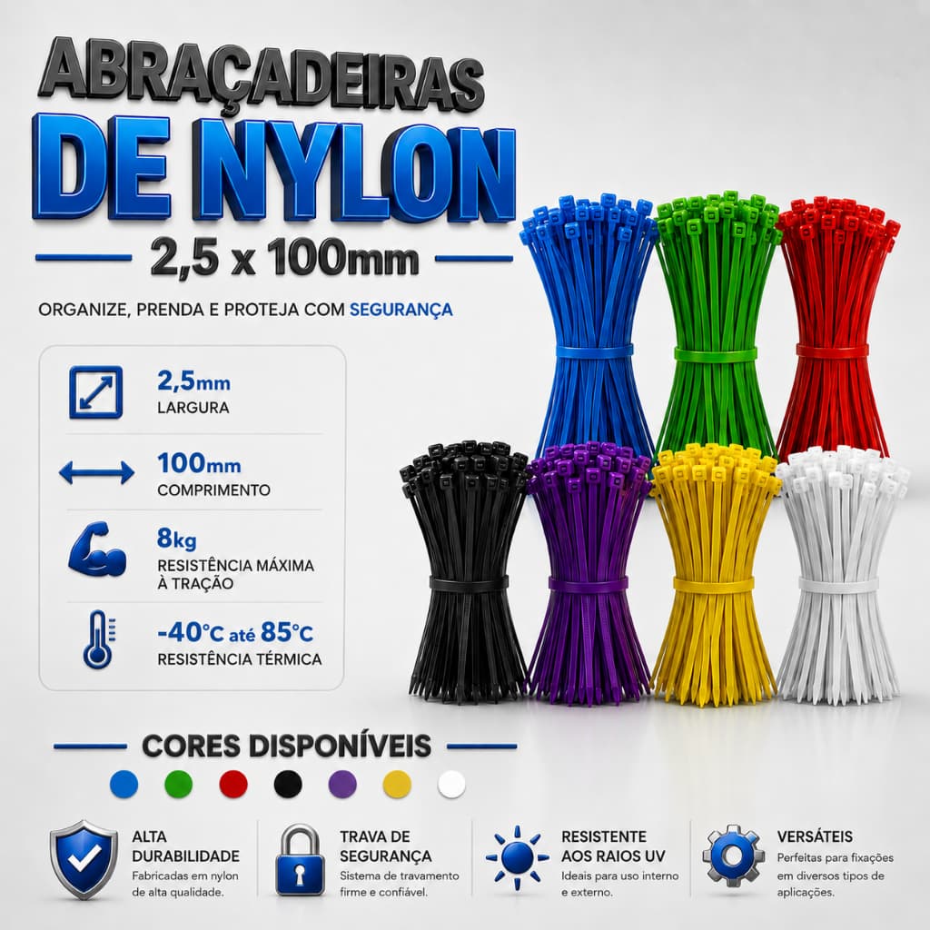 Abraçadeiras Nylon Enforca Gato 2,5x100mm 100 ou 1000 Unidades Escolha Cor Presilha Cintas Plásticas