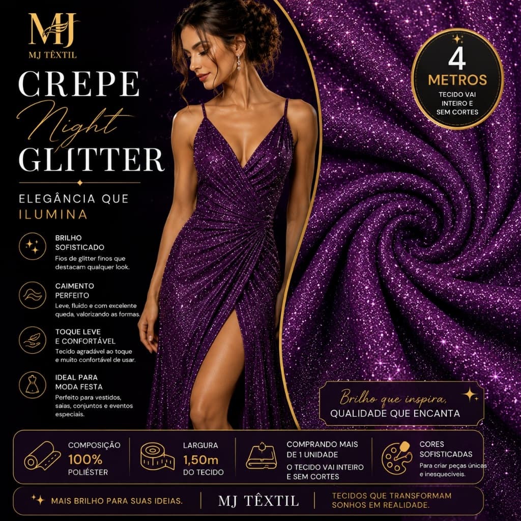 4 Metros Crepe Night Glitter Premium | Tecido com Brilho para Moda Festa