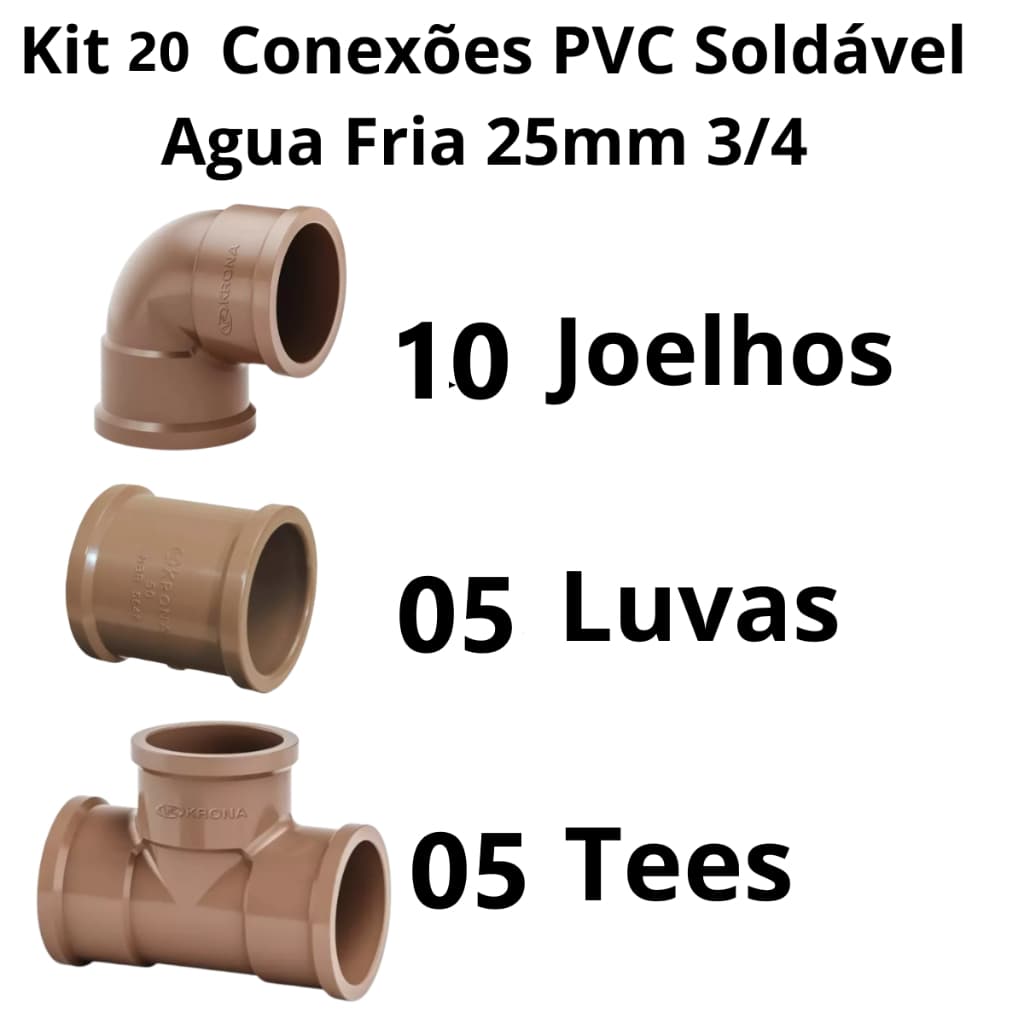 Kit 20 Conexões  PVC Hidráulica  Agua 10 CotoveloJoelho 05 Luvas 05 Tee 25mm=3/4