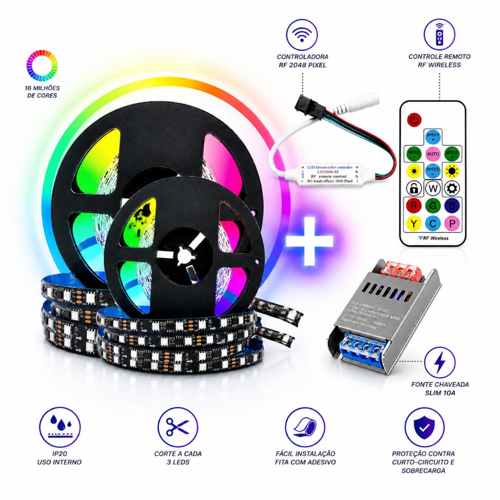 Kit  Fita de Led WS2811 Rgb Digital Endereçável Rolo 5m + Fonte Chaveada Slin + Central Controladora