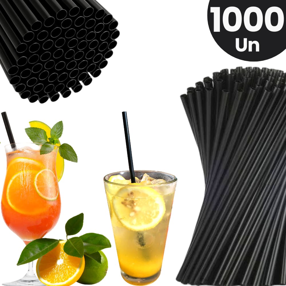 Canudo Preto De Plástico Descartável Para Drinks 8mm 1000Un