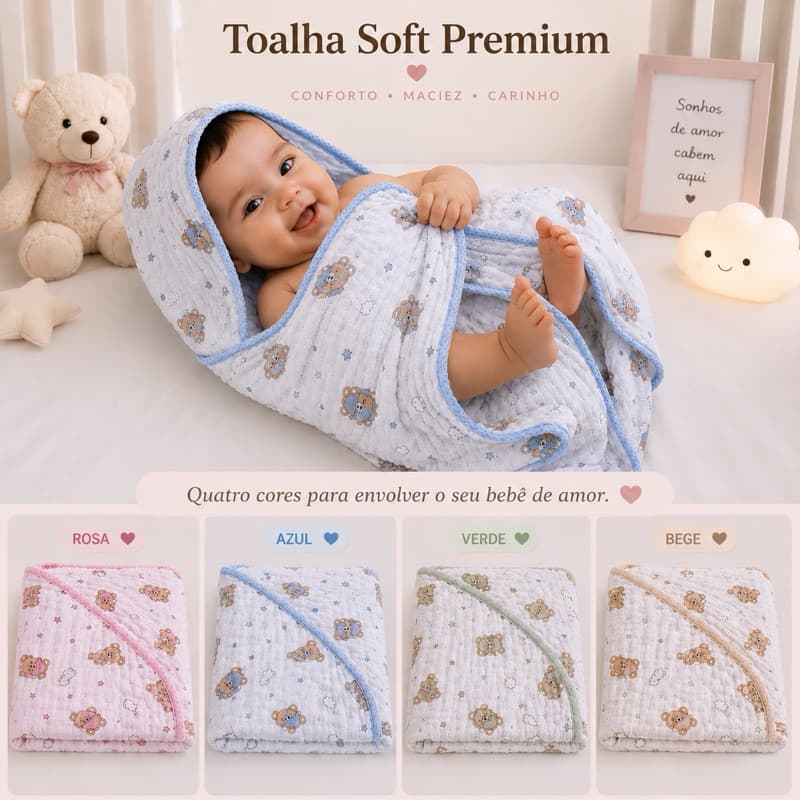Toalha de Banho de Bebê com Capuz - Fralda Soft 70x70cm