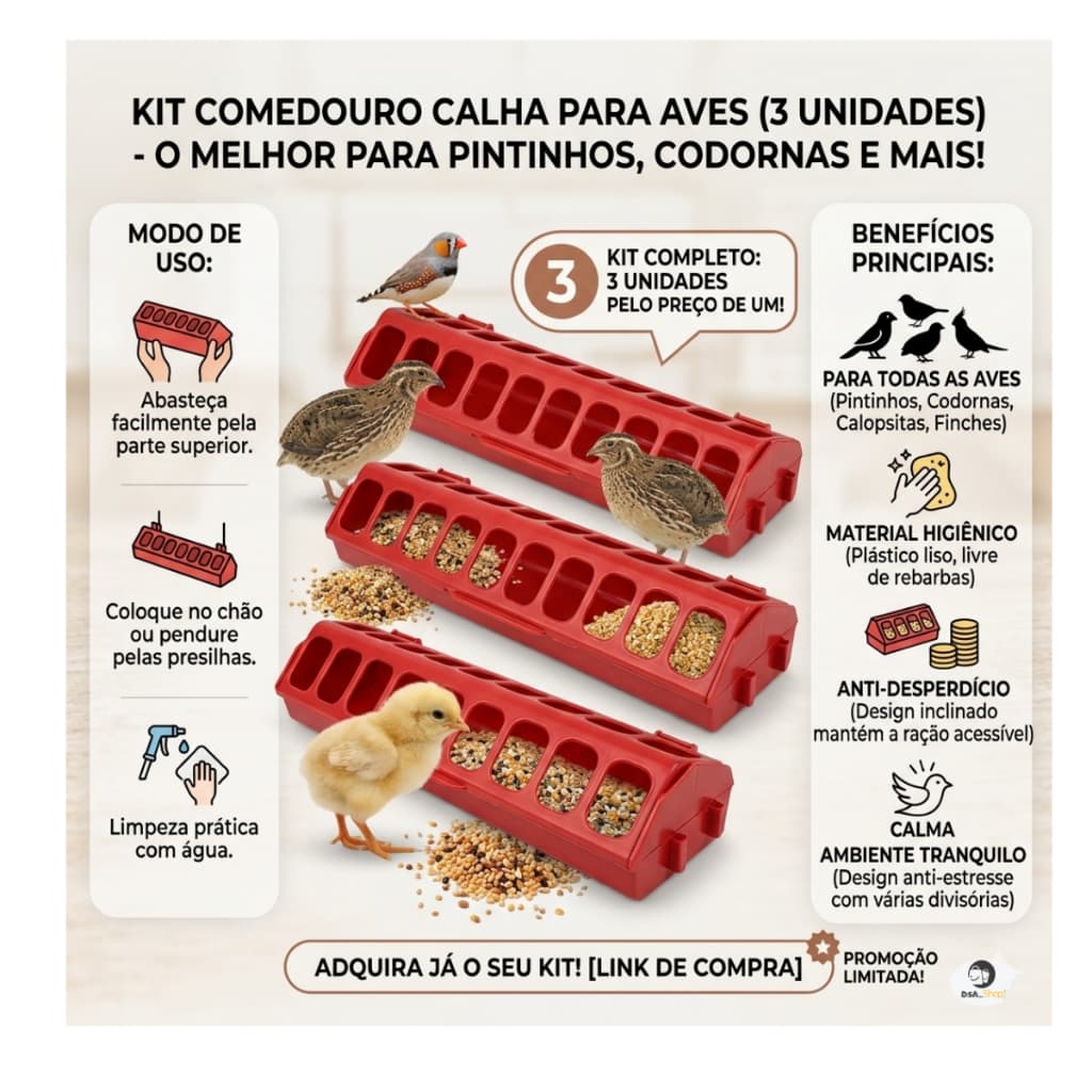 Comedouro Calha Plástico Kit c 3 unds 30cm - Codornas Pássaros Pintinhos Granja Galinha