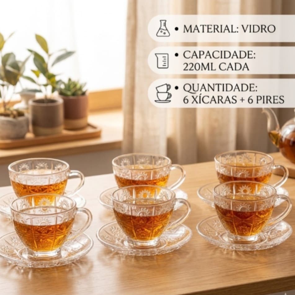 Jogo 6 Xícaras de Café com Pires Vidro Bohemia 220ml Premium 12 Peças