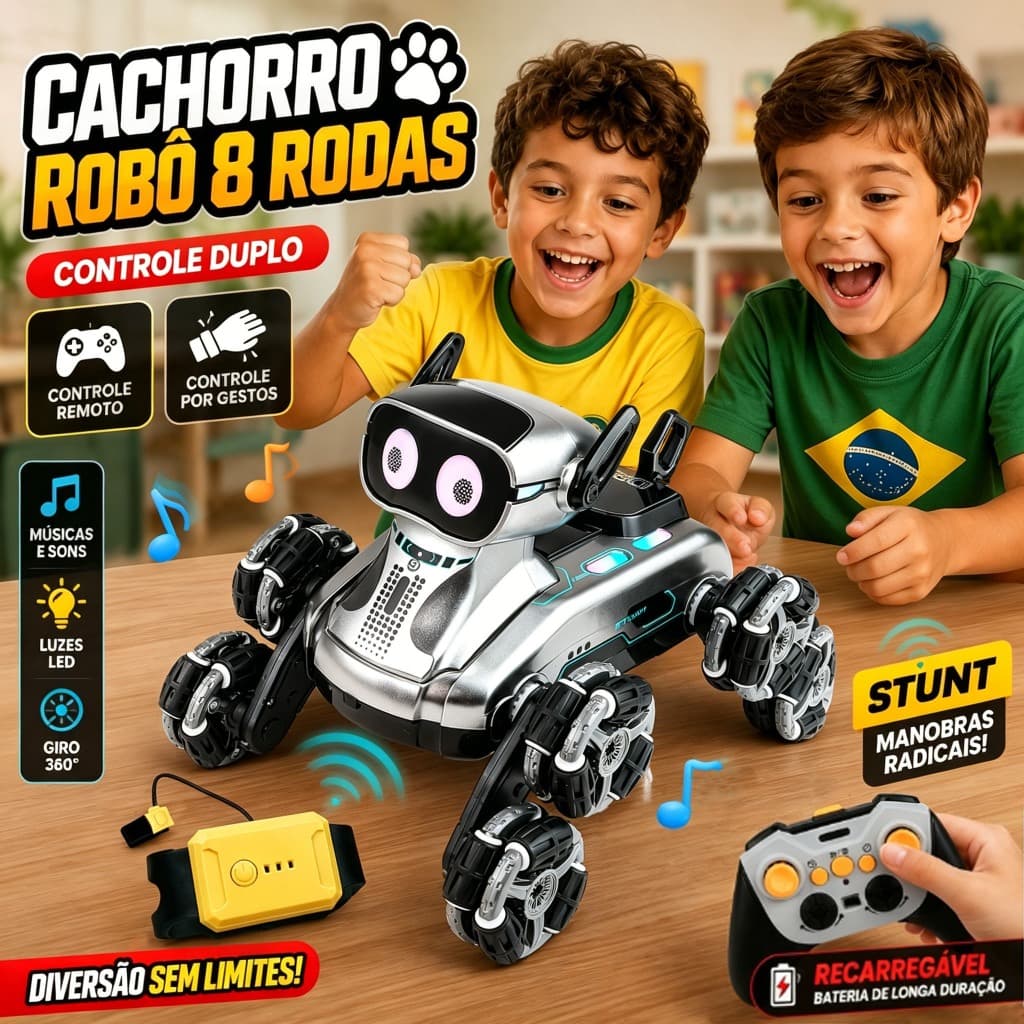 Cachorro Robô 8 Rodas com Controle Remoto e Luzes LED