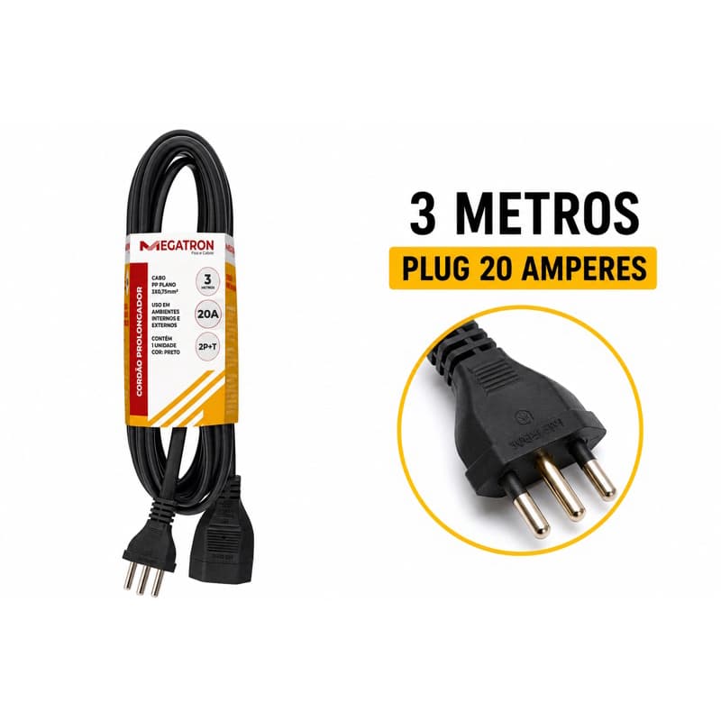 Extensão Elétrica Cordão Prolongador 20Amp 3 pinos Cabo reforçado 3 5 10 metros Inmetro Megatron