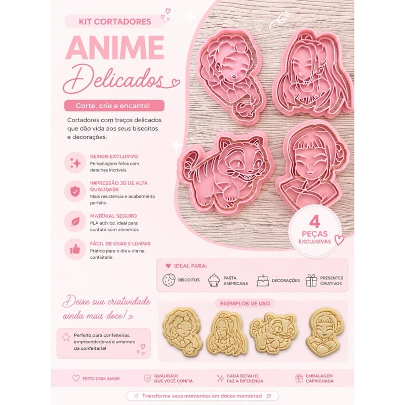 💖 Kit Cortadores Guerreiras Anime 3D para Biscoitos Cortador + Carimbo | Estilo Kawaii | PLA Premium | 4 Peças