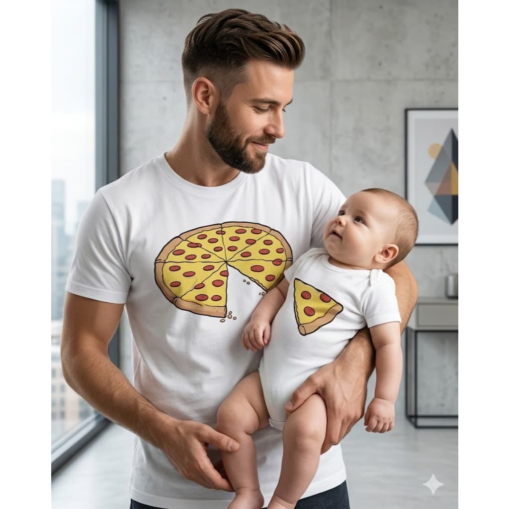 Kit Tal Pai Tal Filho Pizza Body Bebê e Camiseta Pai Look Combinando Família