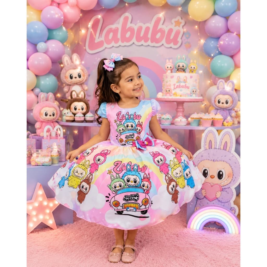 Vestido Labubu Pelúcia Arco-Íris Colorido de 4 a 12 anos com Laço de Cabelo