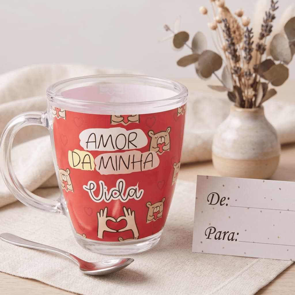 Caneca De Vidro Estampada Com Cartão Amor Ursinhos Namorados 380 ML KeHome Fancy Para Café Chá Presente