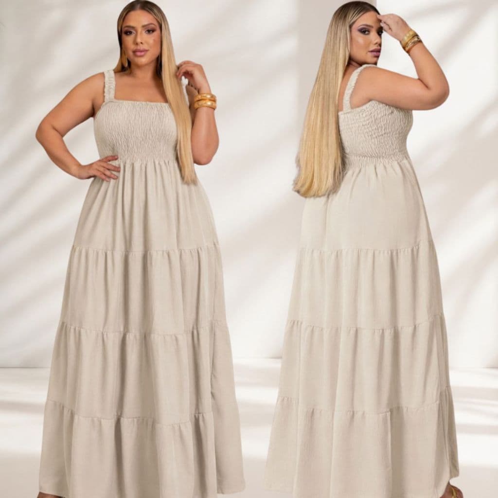 Vestido Plus Size Longo Feminino Moda Evangelica 3 Marias Rodado Busto Lastex Casual Elegante Chic Confortavel.