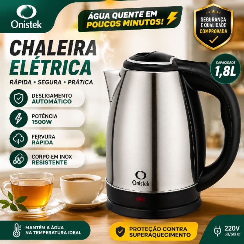 Chaleira Elétrica Inox 1,8L Onistek 1500W Desligamento Automático