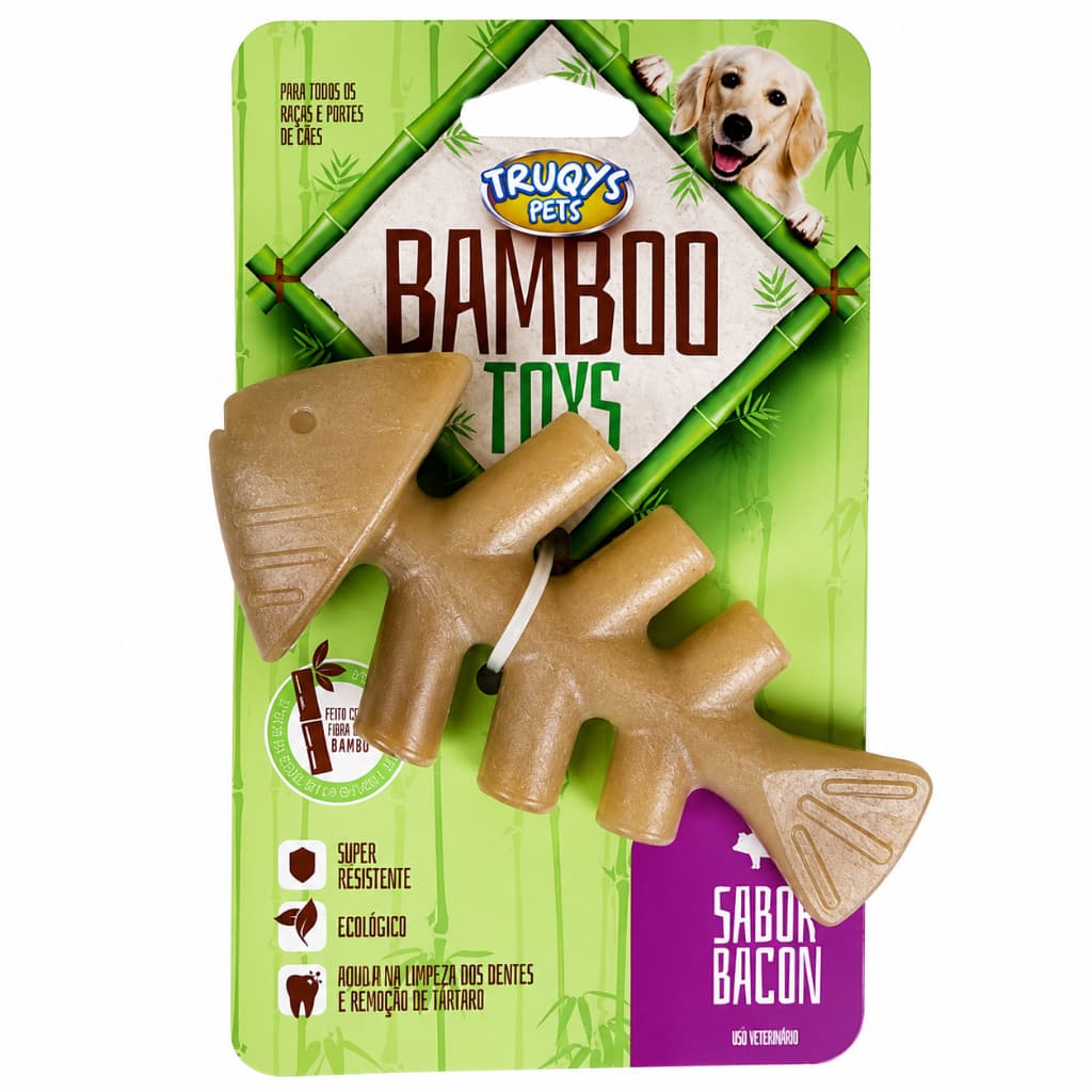 Brinquedo Mordedor Osso de Peixe de Bambu para Cães - Tam P