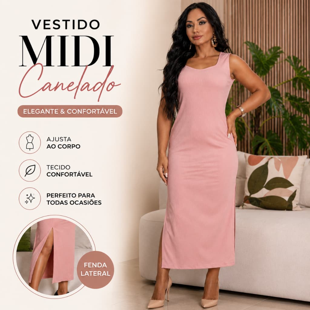 Vestido Midi Casual Feminino Ribana Canelada Elegante Moderno Básico Dia Dia Social