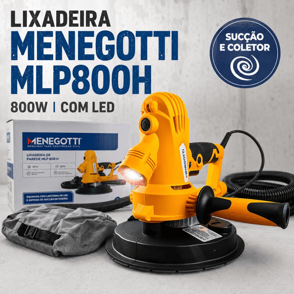 Lixadeira de Parede Menegotti MLP800H 800W 180mm com LED Sucção e Coletor Massa Corrida Acabamento