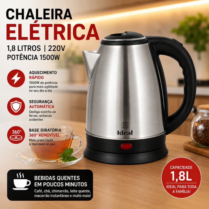 Chaleira Elétrica Inox 1.8 Litros 220v Resistente Aquecimento Rápido 1500w