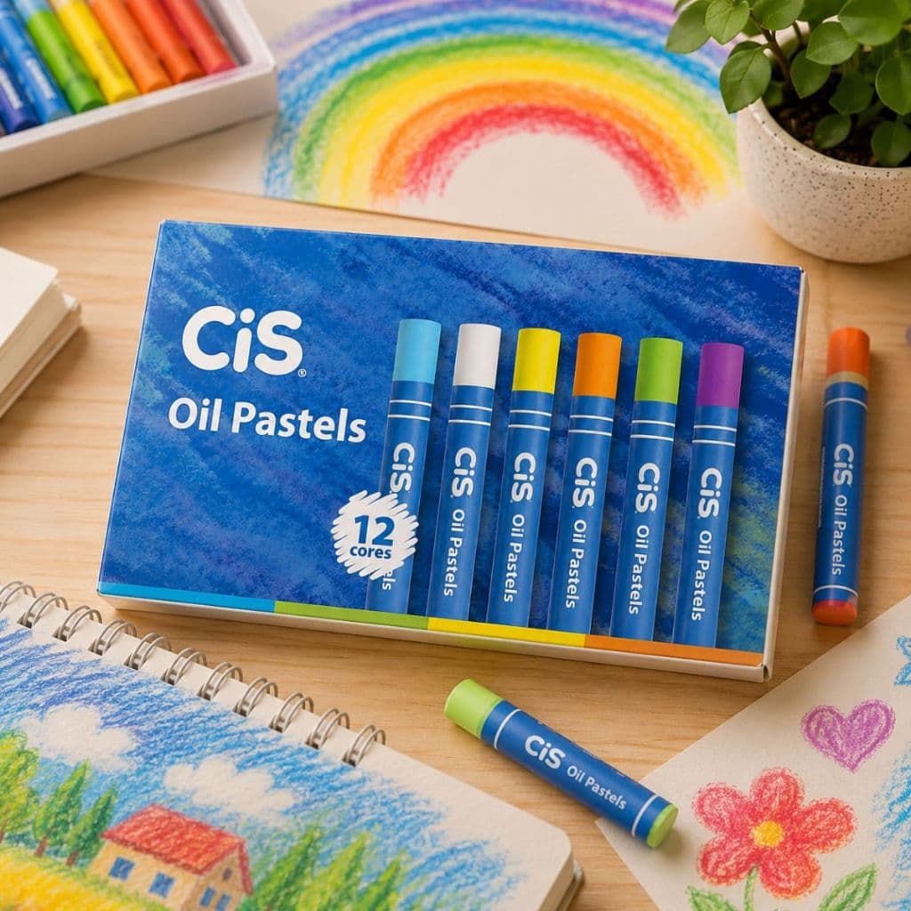 Giz de Cera Tons Pasteis Oleoso 12 Cores CIS para Desenho Artístico Papel e Tela