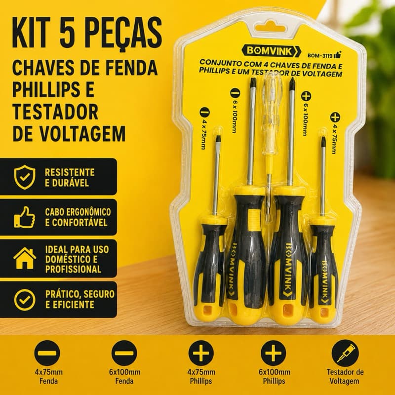 Kit Chaves de Fenda e Phillips 5 Peças com Testador de Voltagem Bomvink