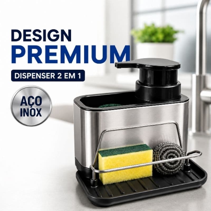 Dispenser Porta Detergente Com Suporte Para Esponja Aço Inox