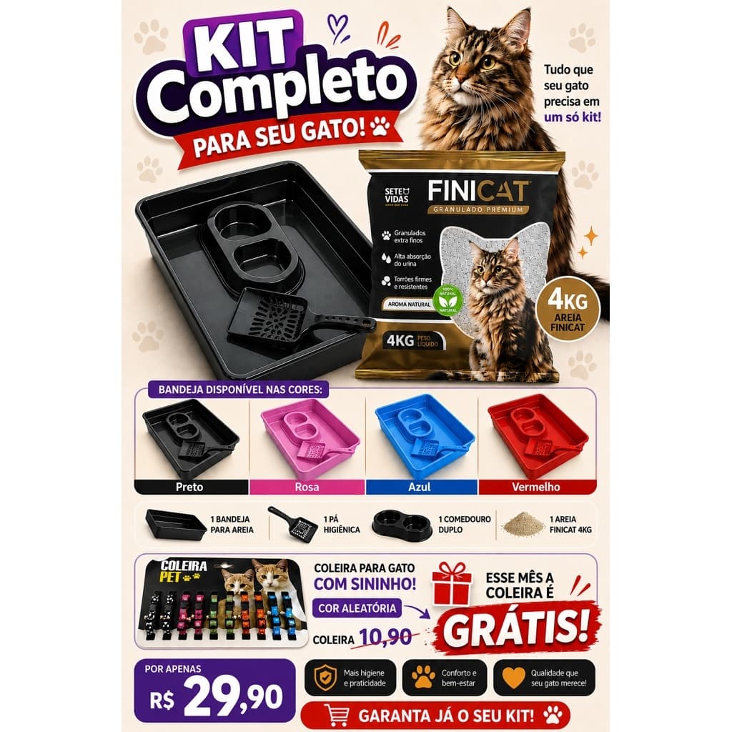kit caixa de areia para gatos higiênico com pá comedouro areia Finicat 4kg e 1 COLEIRA DE BRINDE