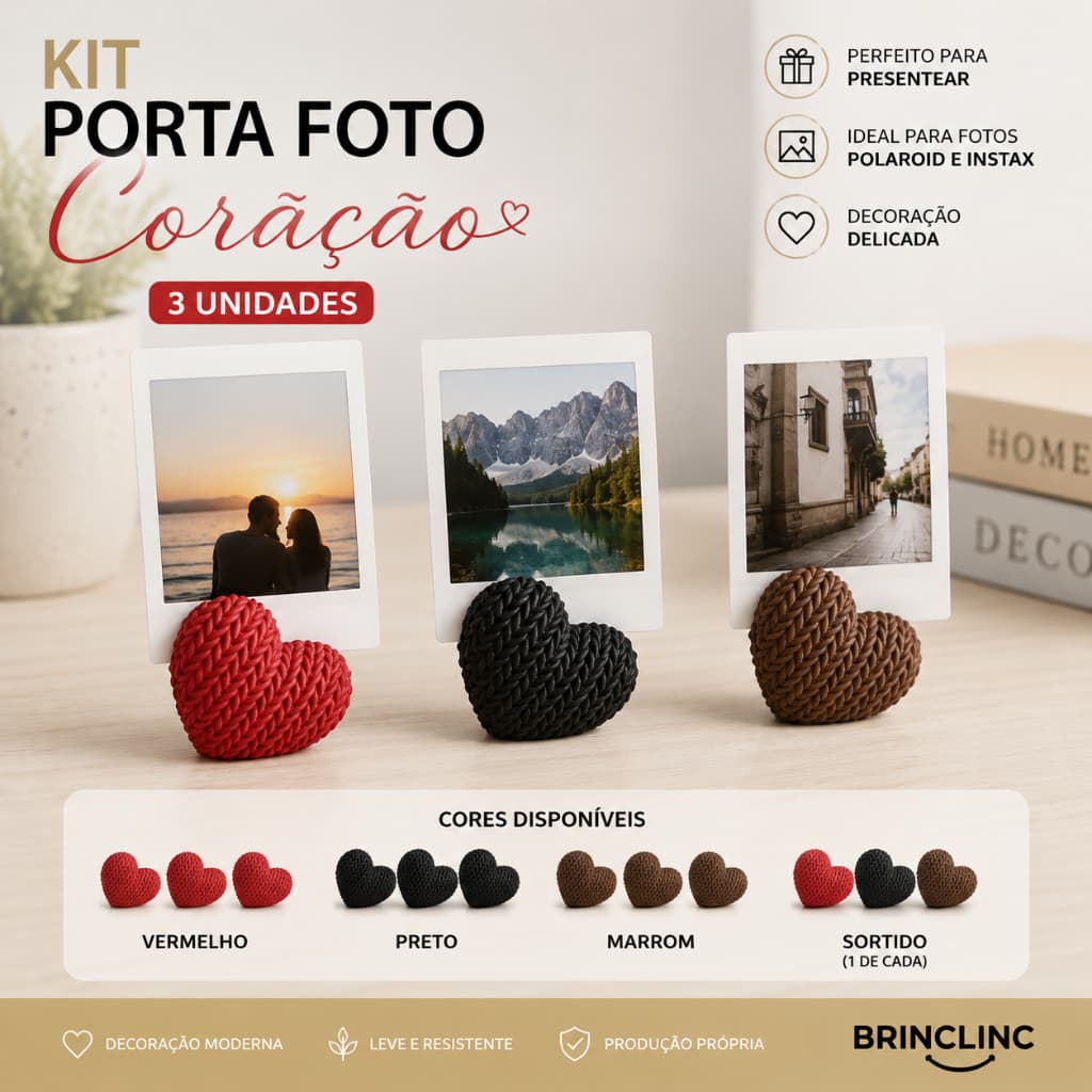 Kit 3 Unidades Porta Foto Coração Brinclinc Suporte Polaroid Instax Porta Retrato Decoração Mesa