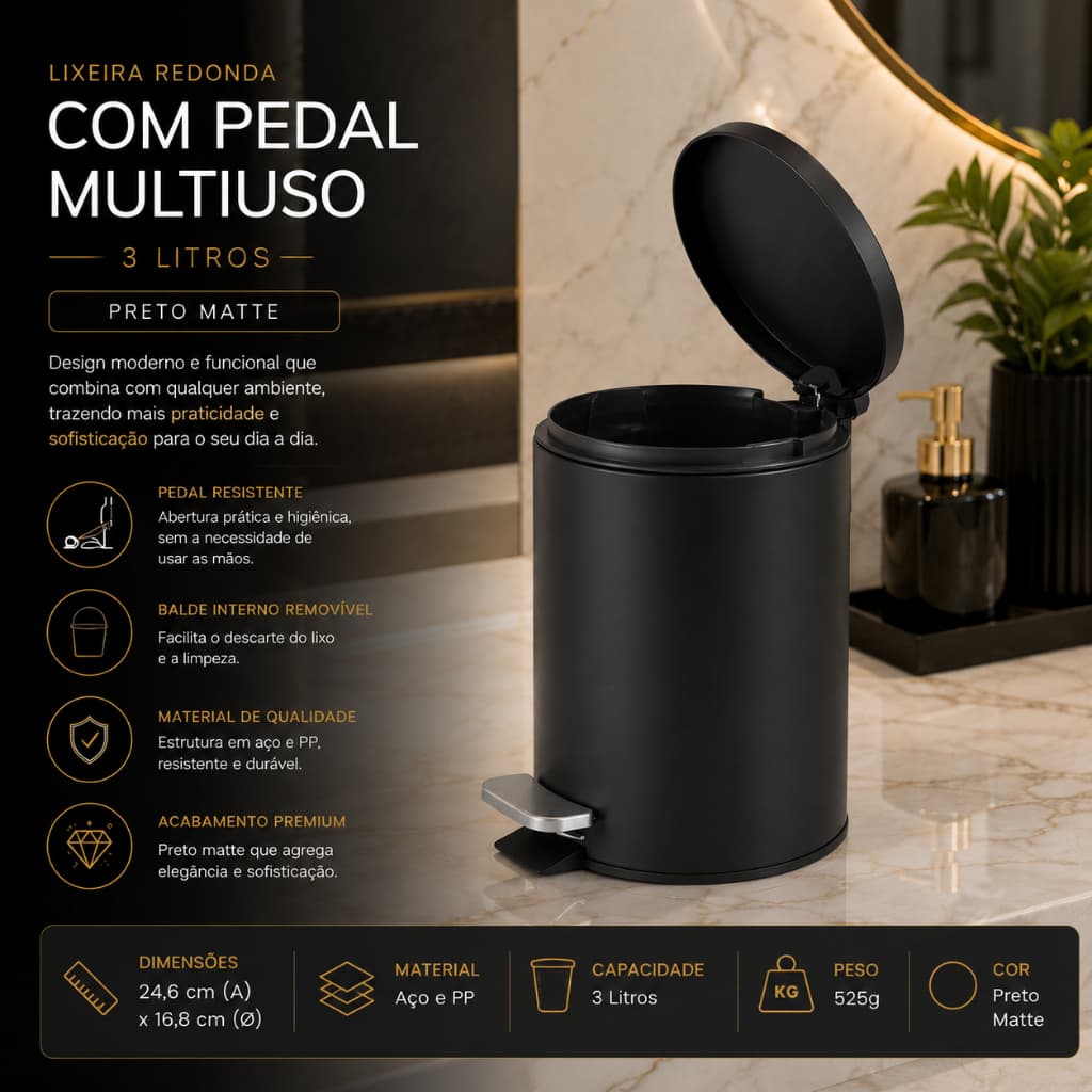 Lixeira Inox 3L Preta Banheiro Cozinha  Multiuso Tampa e Pedal e Cesto Removivel