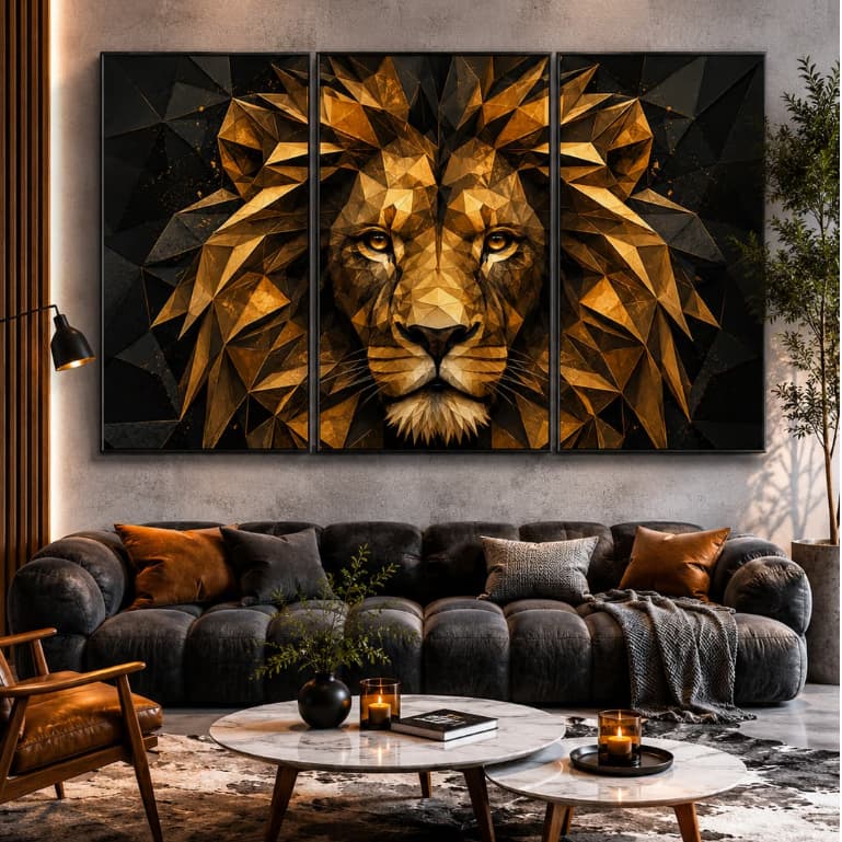 Kit Quadro Decorativo 3 Peças Leão Dourado Geométrico Abstrato Sala Escritório Hall Quarto