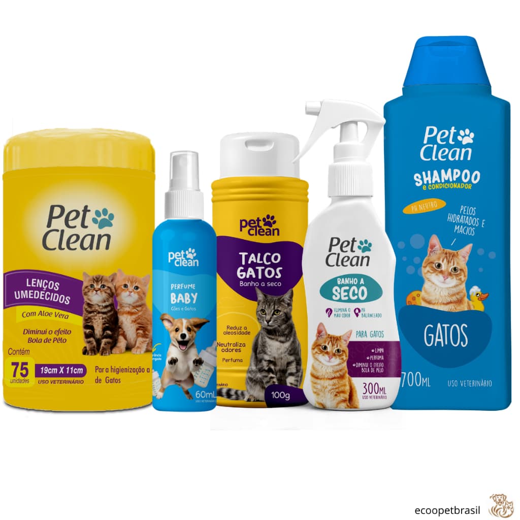 Kit Banho a Seco para Gatos 300ml + Lenço Umedecido 75 unidades + Talco 100g Gatos + Perfume 60ml