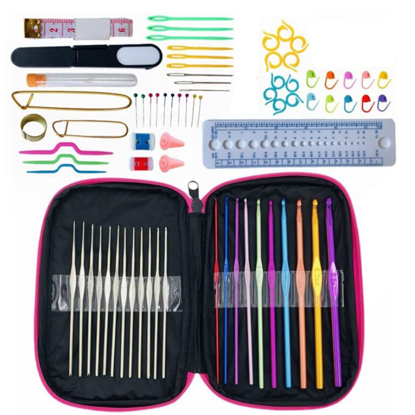 Kit Com 22 Agulhas De Croche  Metal + Kit Acessórios + Estojo