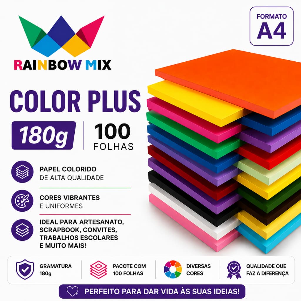 Papel Color Plus 180g - A4 Massa Colorida - 100 Folhas várias cores