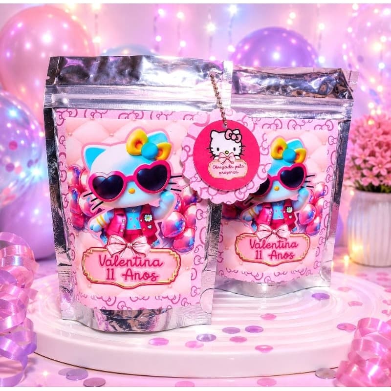 Saquinho Zip Lock Metalizado Hello Kitty Luxo – Festa Infantil Menina
