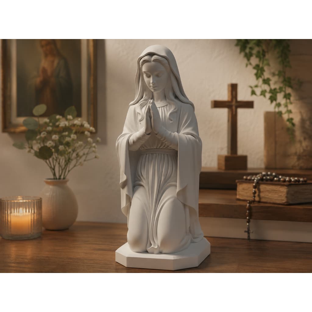 Santa Virgem Maria de Joelhos Decorativa 15x10x8 cm – Estátua Religiosa de Fé e Oração