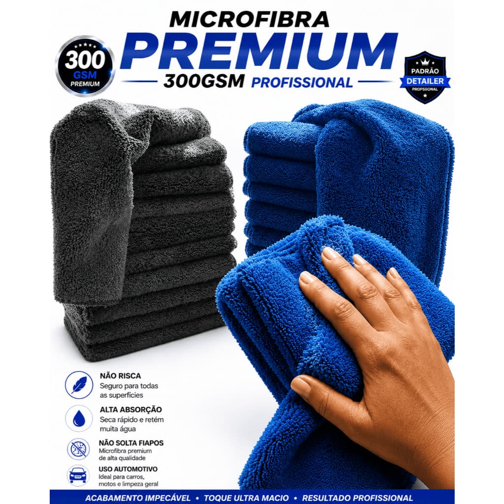 Kit 10 UND - Pano Microfibra Premium Grosso -  gramatura 300 gsm -   33x36 cm  - Super Absorvente para Casa e Carro.