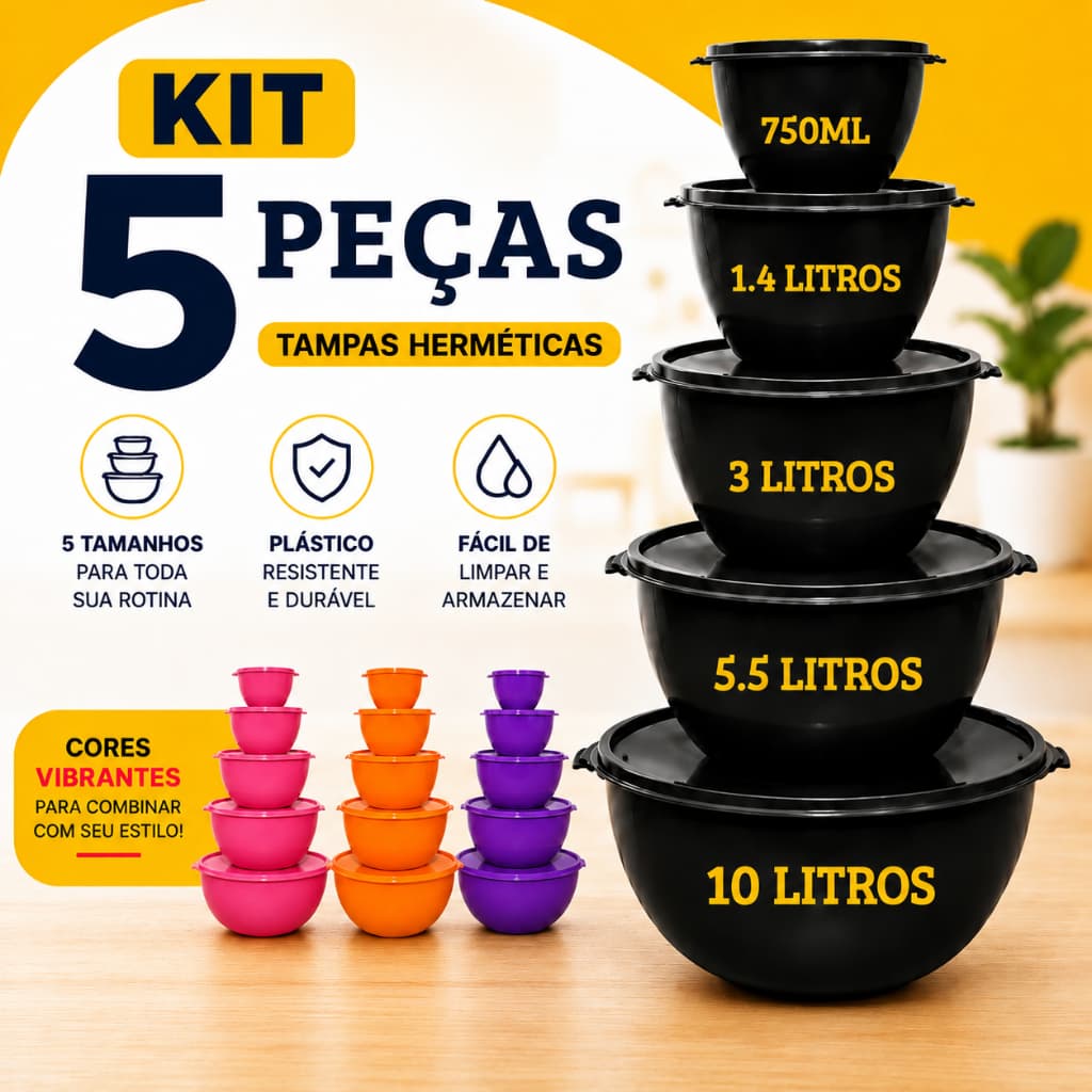 Kit 5 Potes Plásticos Saladeira 10L com Tampa Vedação Hermética Diversas Cores Kit Cozinha