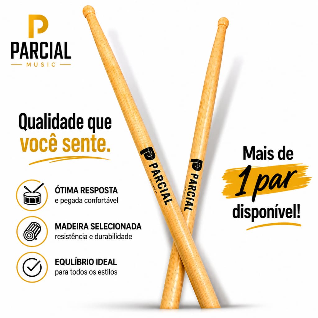 Kit Baqueta de Bateria Ponta de Madeira Natural Parcial Music