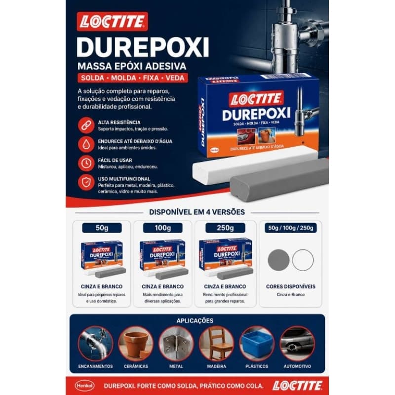 Durepoxi Massa - Branco e Cinza - Adesiva Epóxi Loctite Henkel - 50g - 100g - 250g