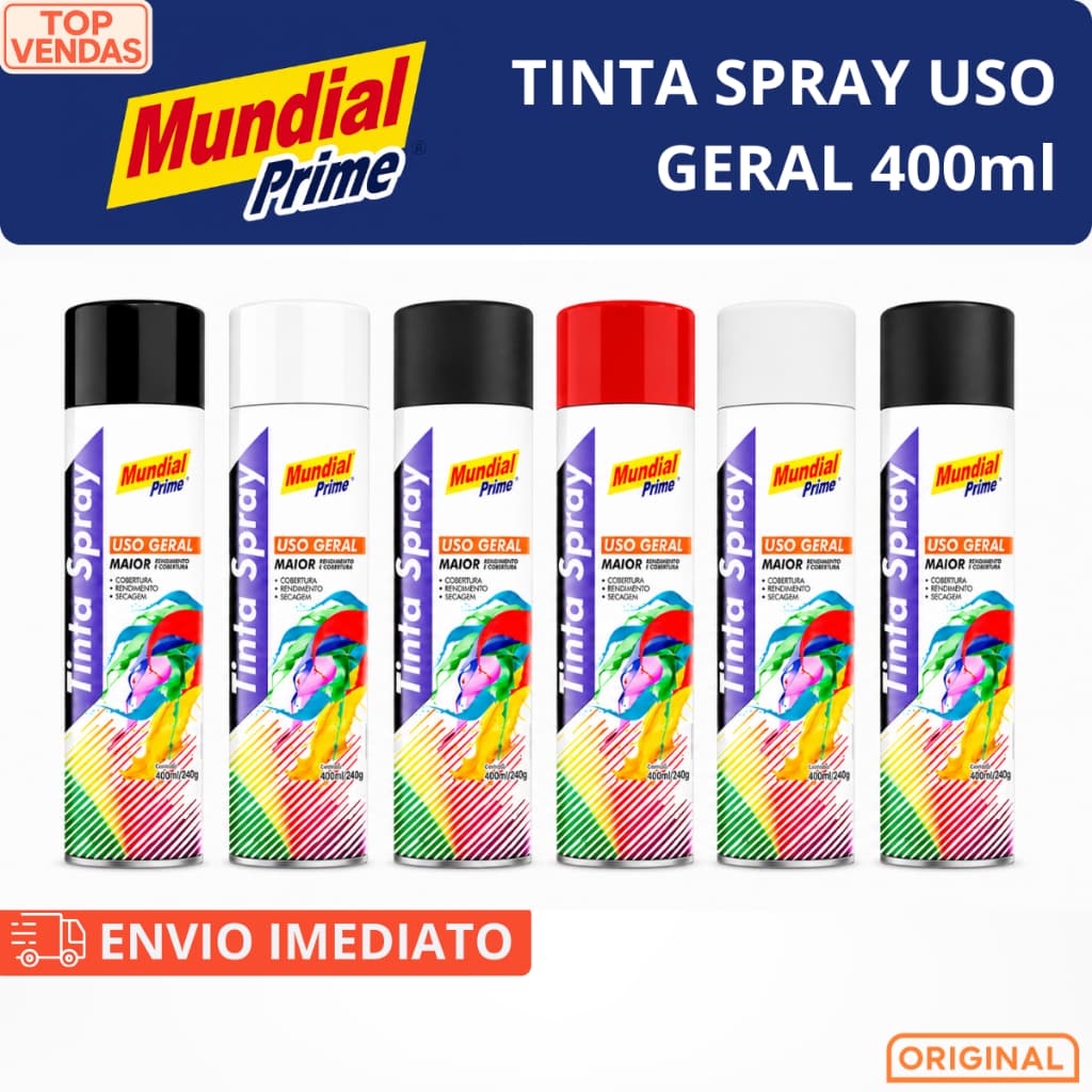 Tinta Spray 400ml Mundial Prime Uso Gera Preto Branco Vermelho Fosco Brilhante