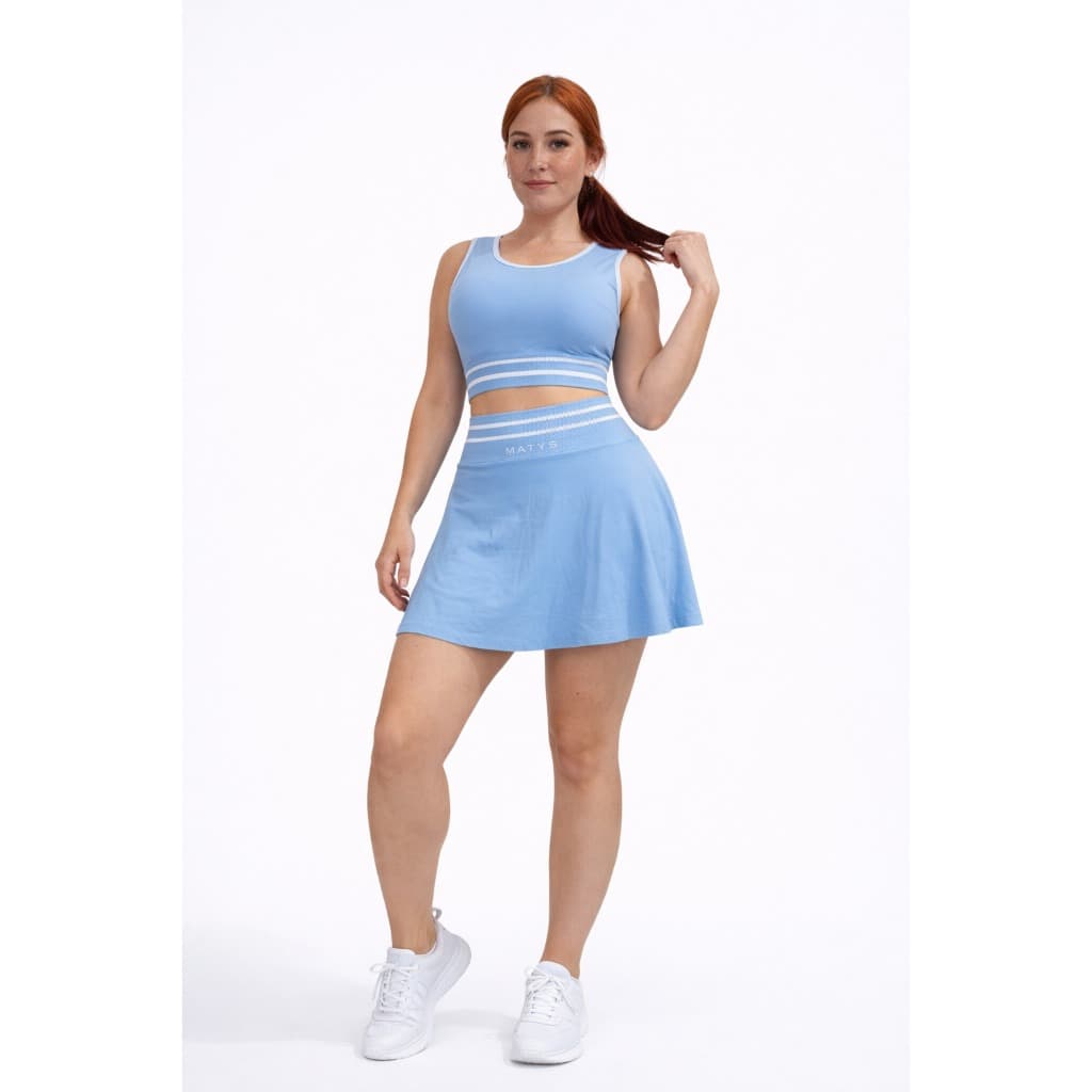 Conjunto Fitness Feminino MATYS Azul Claro com Saia Short e Top Academia  Tamanho P/M