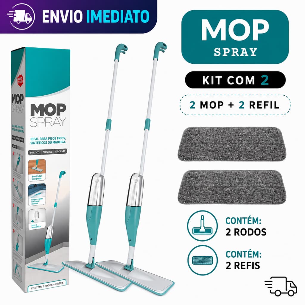 Mop Spray Kit 2 Rodos + 2 Refis Esfregão Reservatório Limpeza Prática Piso Madeira Porcelanato