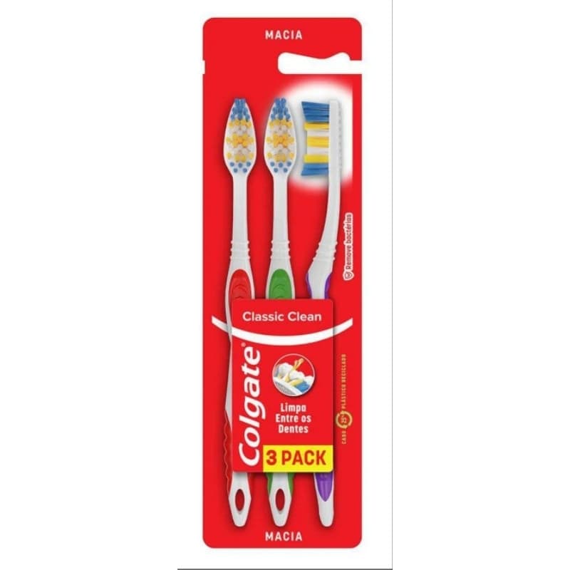 Colgate Escova Dental Classic Clean 3 Unidades - Cerdas Macias e Limpador de Língua