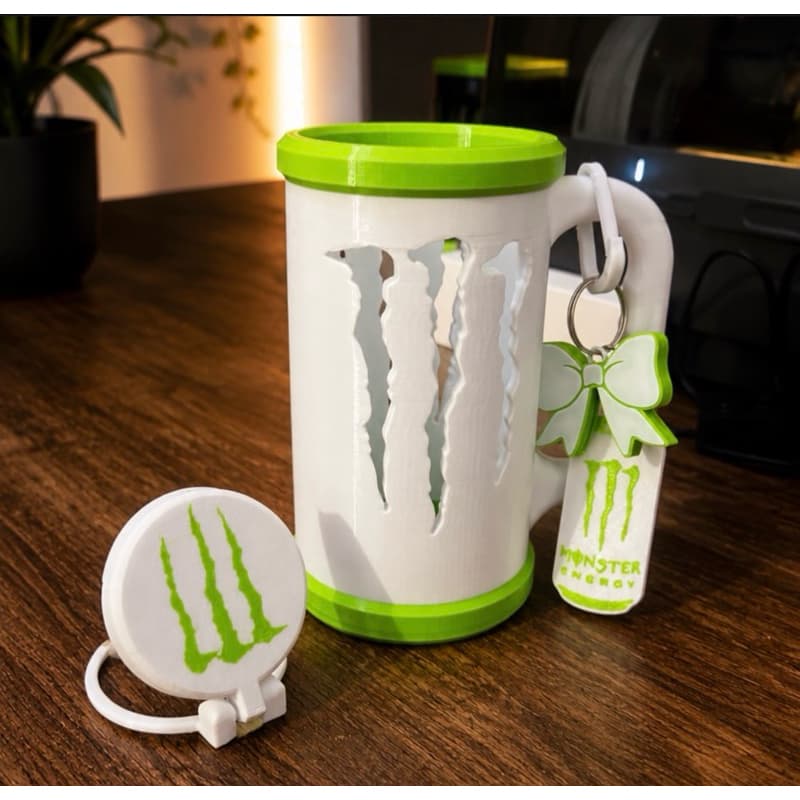 Suporte para lata energético com chaveiro abridor e tampa