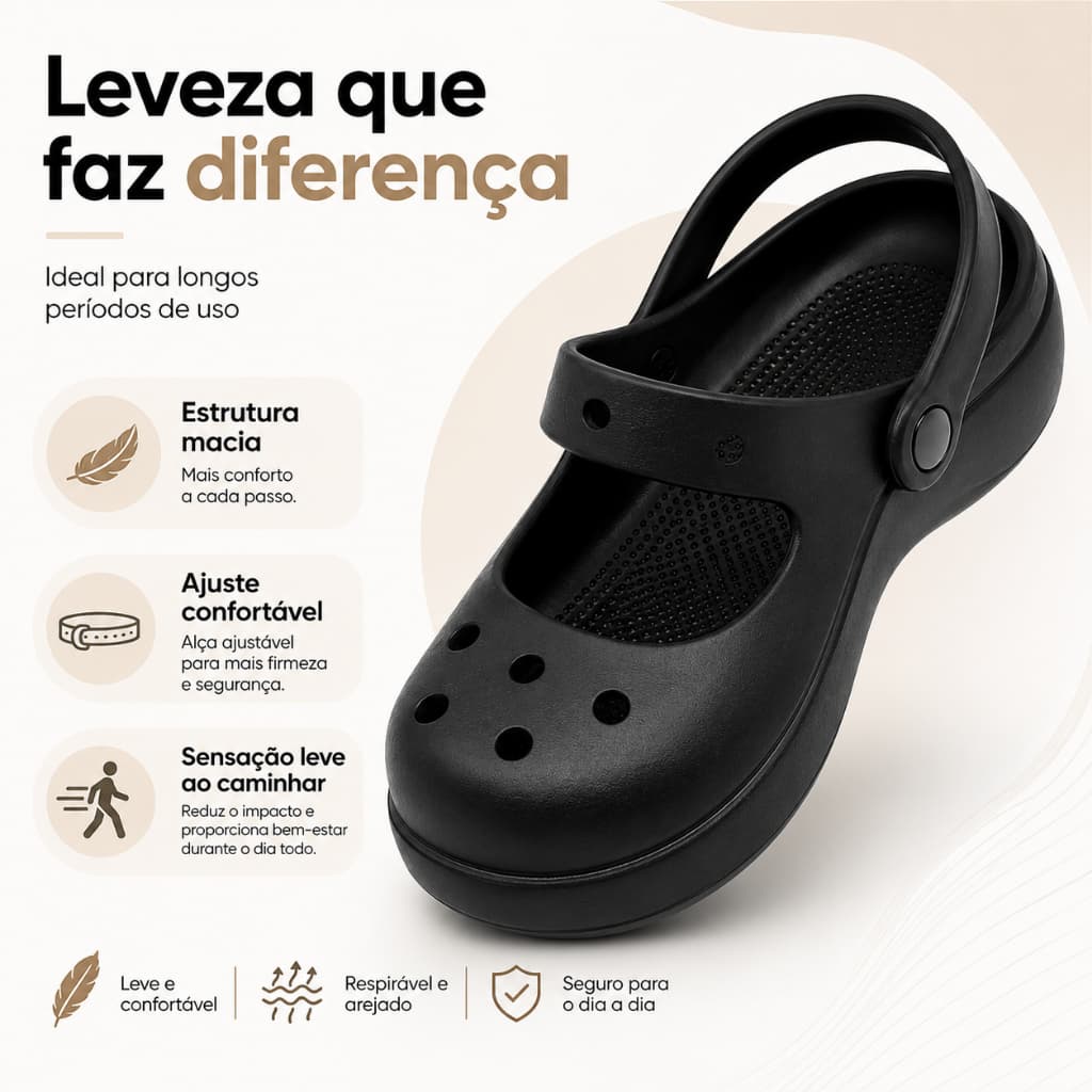 Babuche Casual Preto com Tira Ajustável e Estrutura Leve para Conforto Diário