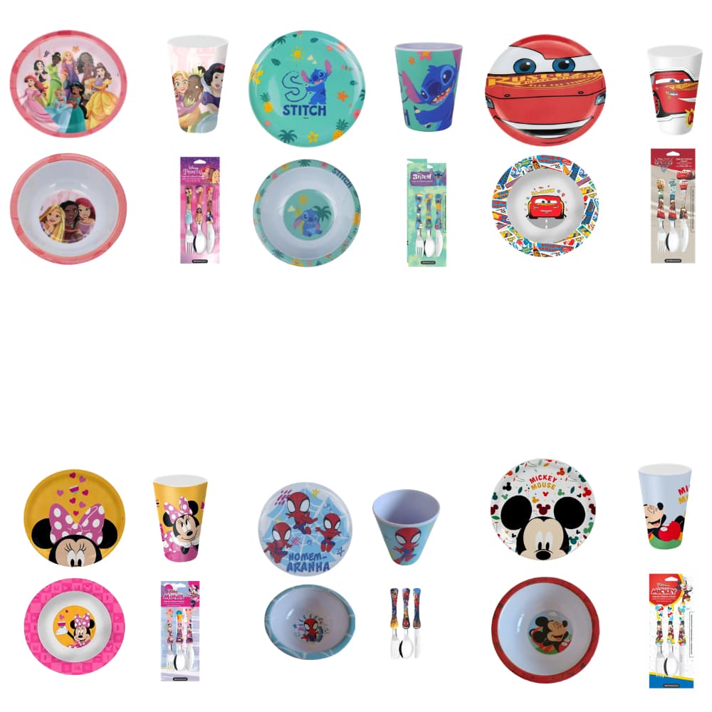 Kit Infantil Personagens 4 Peças | Prato Raso, Bowl, Copo e Talheres