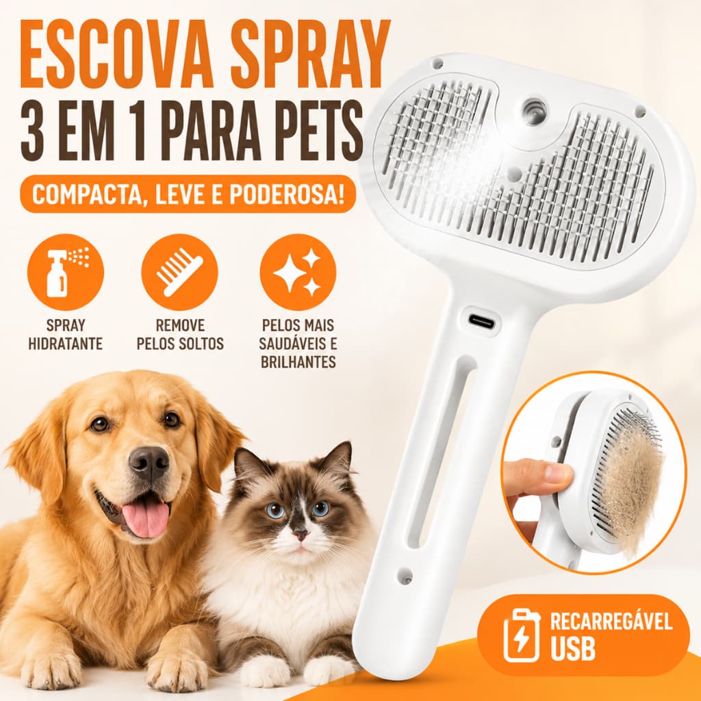 Escova Removedora de Pelos com Spray USB para Pets Massagem e Limpeza para Cães e Gatos