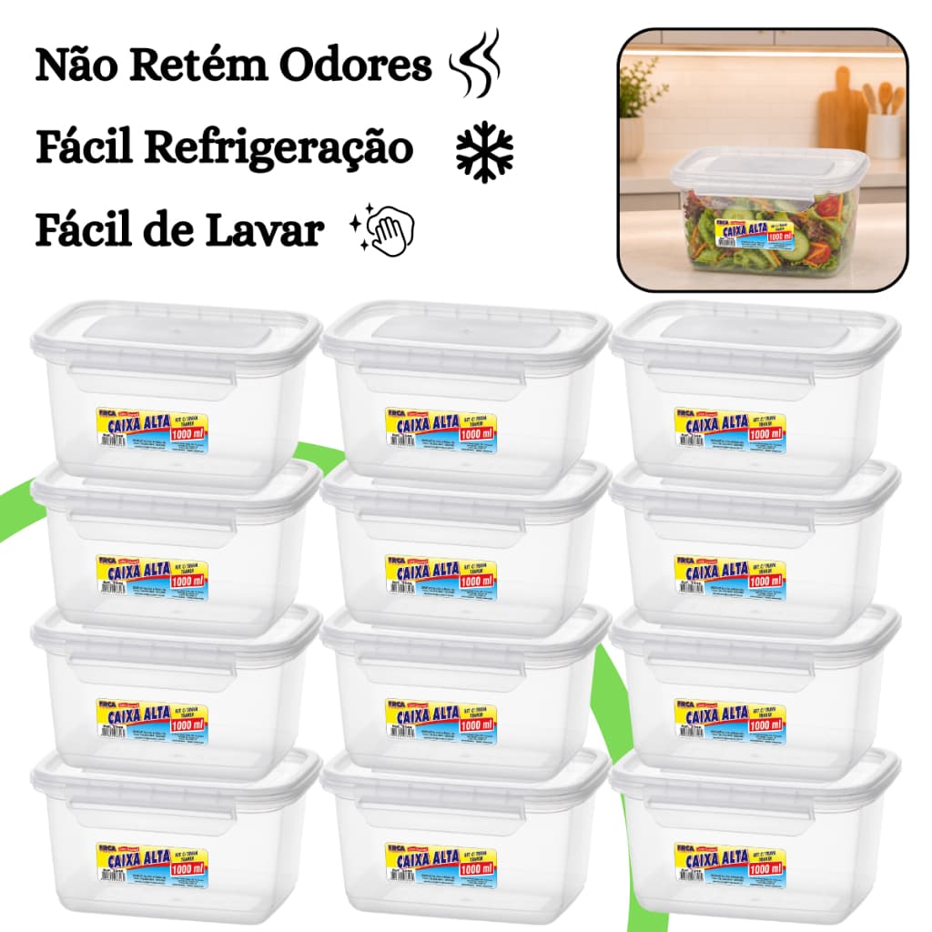 Kit 12 Pote Marmita Hermético 1L Retangular Tampa com Trava Livre de BPA