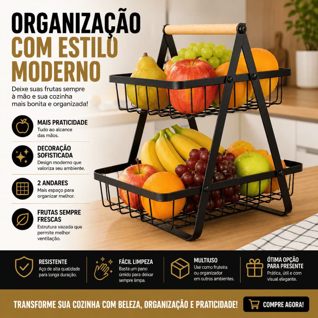 Fruteira Dupla de Mesa Cesto Organizador 2 Andares Metal Alça Madeira Aramado Frutas e Legumes