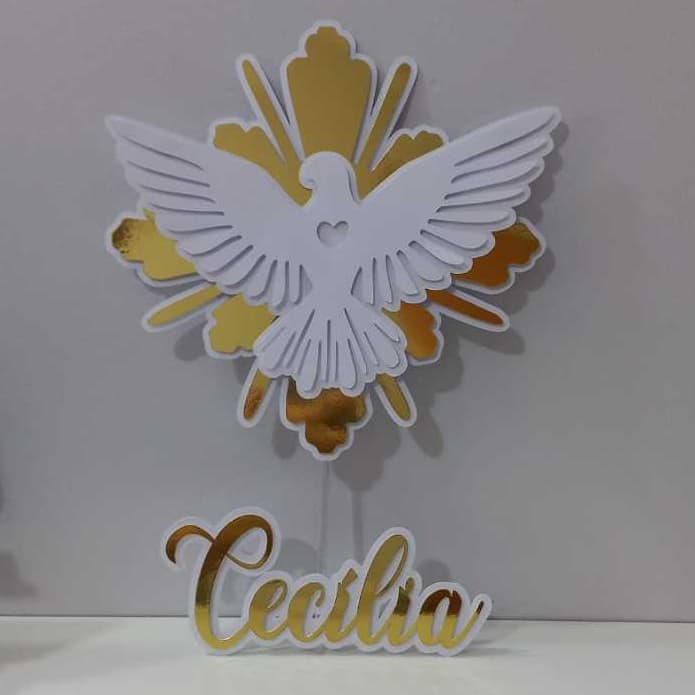 Topo de Bolo Batizado com nome, Crisma, Primeira Comunhão, Espírito Santo